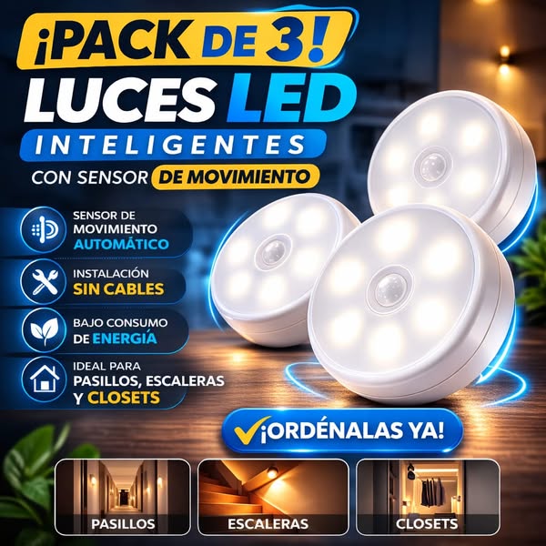 LUZ LED CON SENSOR DE MOVIMIENTO PACK X3 UND